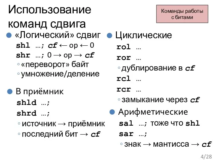 Использование команд сдвига «Логический» сдвиг shl …; cf ← op ←