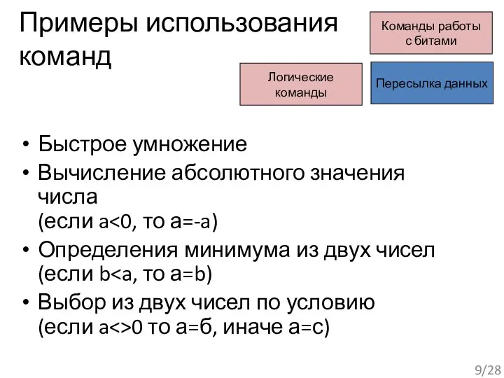 Примеры использования команд Быстрое умножение Вычисление абсолютного значения числа (если a