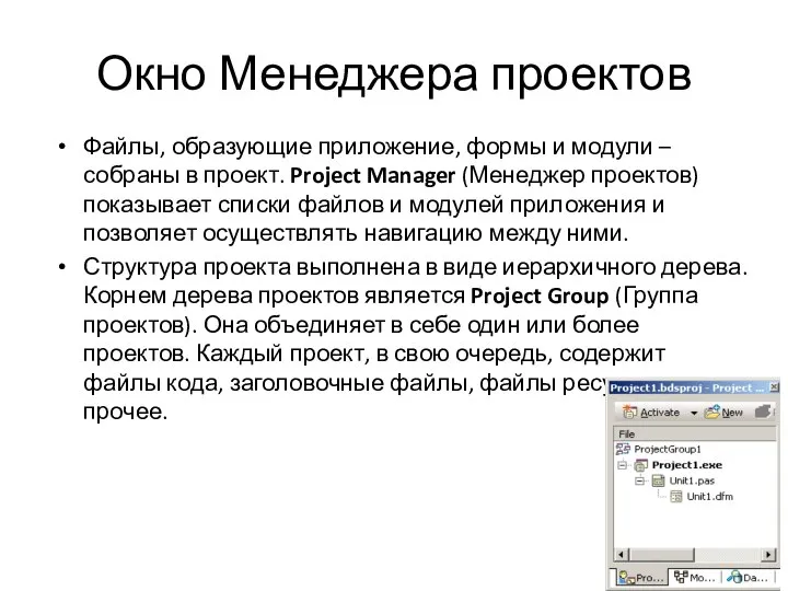 Окно Менеджера проектов Файлы, образующие приложение, формы и модули – собраны