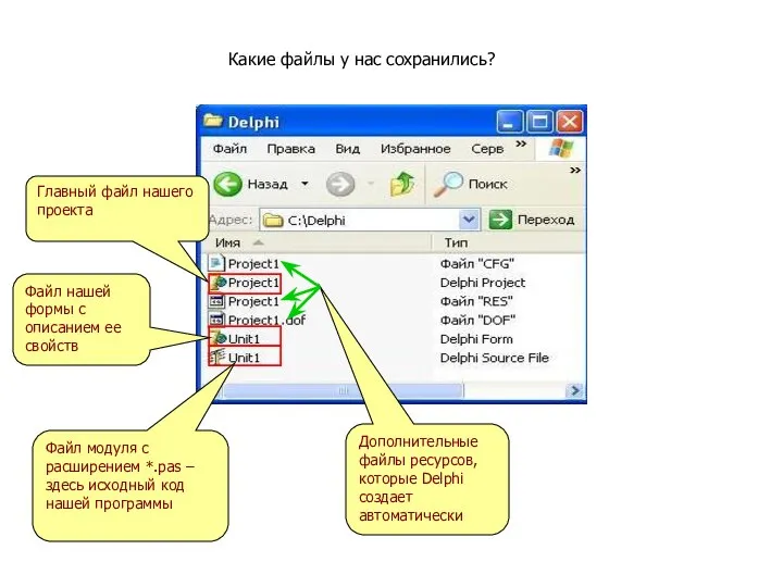 Какие файлы у нас сохранились? Файл модуля с расширением *.pas –