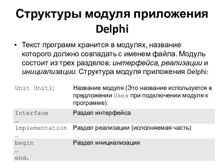 Структуры модуля приложения Delphi Текст программ хранится в модулях, название которого