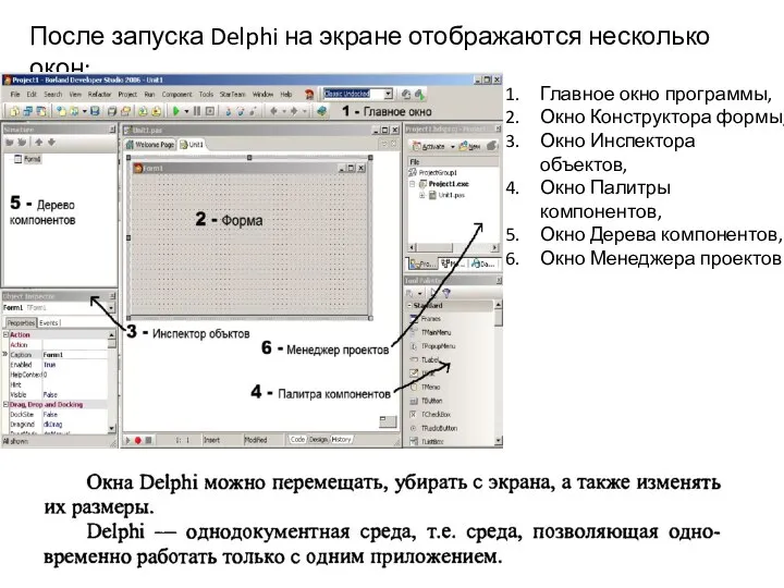 После запуска Delphi на экране отображаются несколько окон: Главное окно программы,