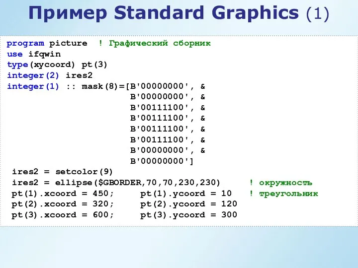 Пример Standard Graphics (1) program picture ! Графический сборник use ifqwin