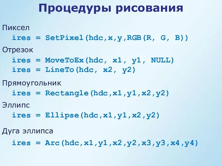 ires = SetPixel(hdc,x,y,RGB(R, G, B)) Процедуры рисования Пиксел ires = MoveToEx(hdc,