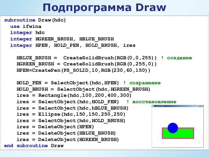 Подпрограмма Draw subroutine Draw(hdc) use ifwina integer hdc integer HGREEN_BRUSH, HBLUE_BRUSH