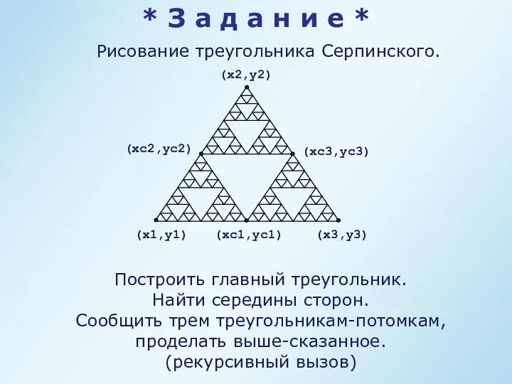 Рисование треугольника Серпинского. (x1,y1) (x2,y2) (x3,y3) (xc1,yc1) (xc2,yc2) (xc3,yc3) Построить главный