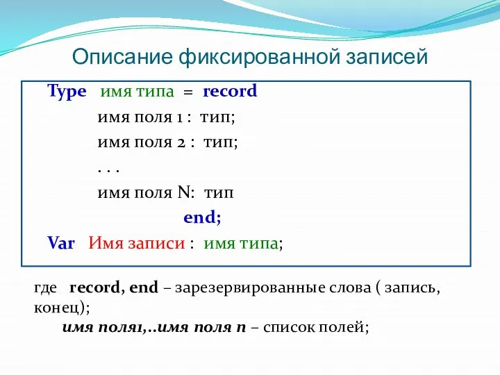 Описание фиксированной записей Type имя типа = record имя поля 1