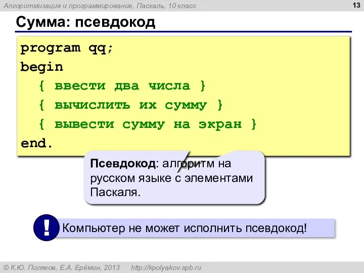 Сумма: псевдокод program qq; begin { ввести два числа } {