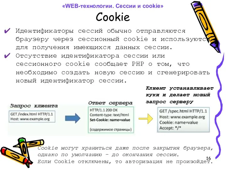 Cookie Идентификаторы сессий обычно отправляются браузеру через сессионный cookie и используются