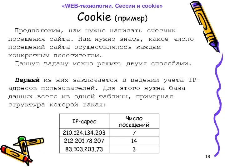 Cookie (пример) Предположим, нам нужно написать счетчик посещения сайта. Нам нужно