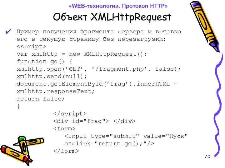 Объект XMLHttpRequest «WEB-технологии. Протокол HTTP» Пример получения фрагмента сервера и вставка