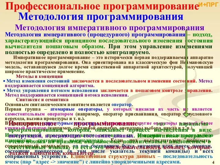 Профессиональное программирование Методология программирования Методология императивного программирования Методология императивного (процедурного) программирования