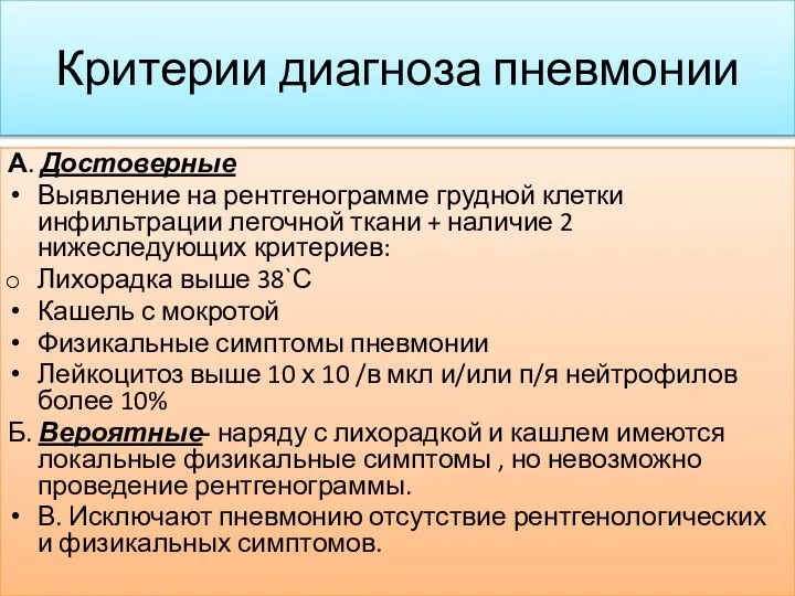 Критерии диагноза пневмонии А. Достоверные Выявление на рентгенограмме грудной клетки инфильтрации