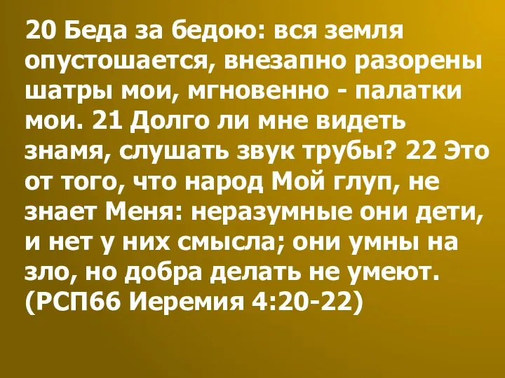 20 Беда за бедою: вся земля опустошается, внезапно разорены шатры мои,