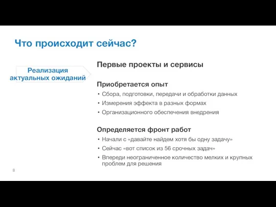 Что происходит сейчас? Первые проекты и сервисы Приобретается опыт Сбора, подготовки,