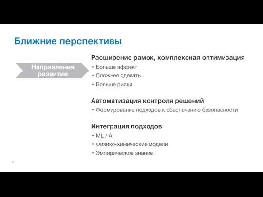 Ближние перспективы Расширение рамок, комплексная оптимизация Больше эффект Сложнее сделать Больше