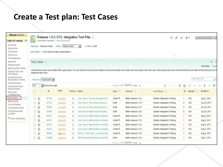 Create a Test plan: Test Cases