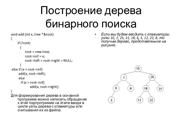 Построение дерева бинарного поиска void add (int x, tree *&root) {