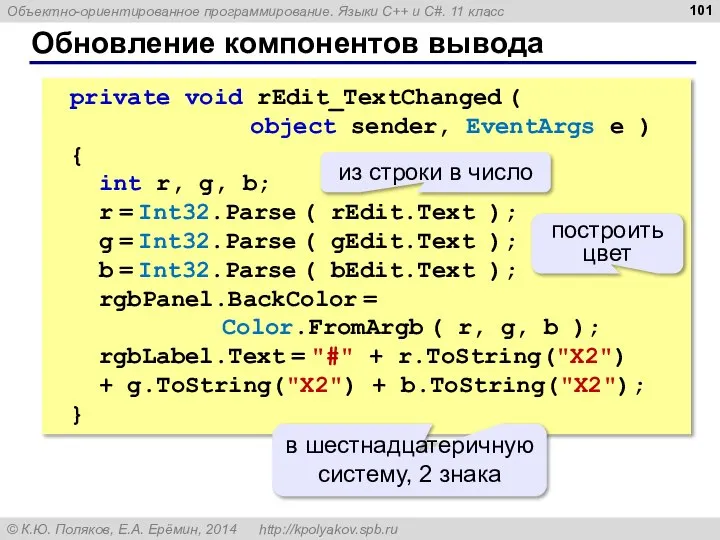 Обновление компонентов вывода private void rEdit_TextChanged ( object sender, EventArgs e