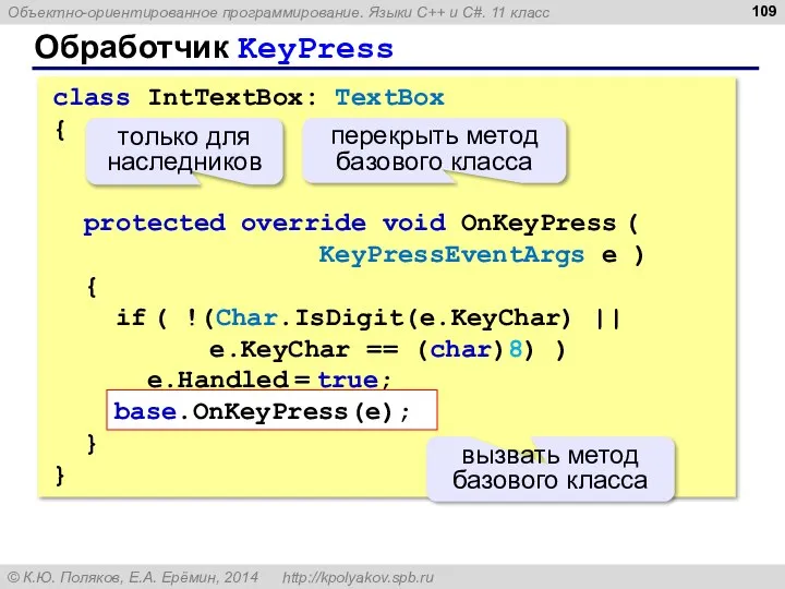 Обработчик KeyPress class IntTextBox: TextBox { protected override void OnKeyPress (