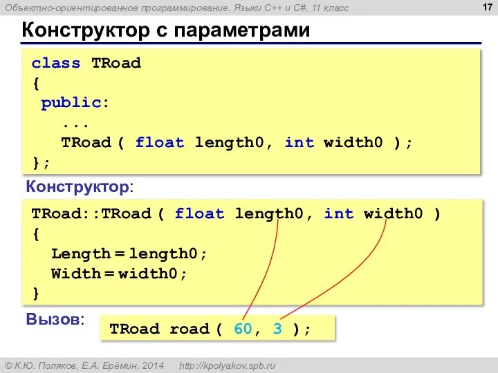 Конструктор с параметрами class TRoad { public: ... TRoad ( float