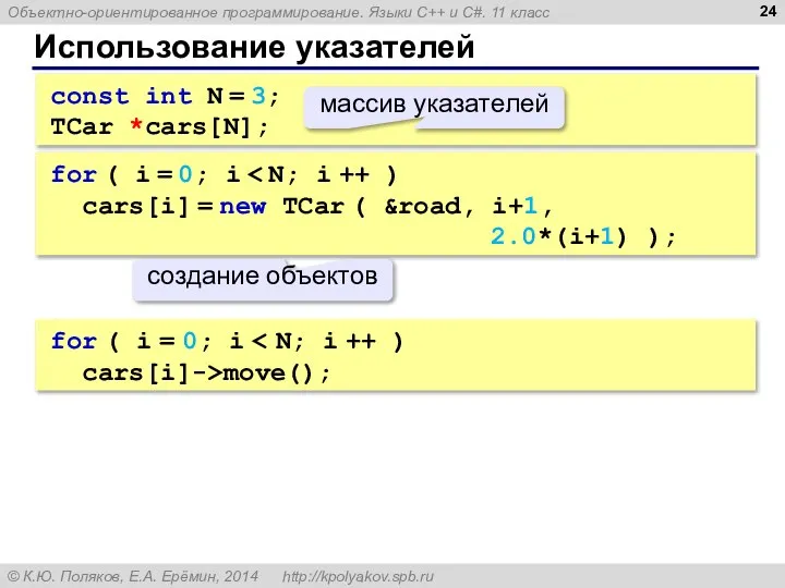 Использование указателей const int N = 3; TCar *cars[N]; for (