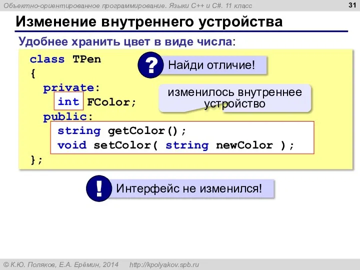 Изменение внутреннего устройства class TPen { private: int FColor; public: string