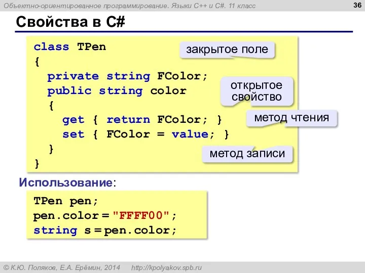 Свойства в C# class TPen { private string FColor; public string