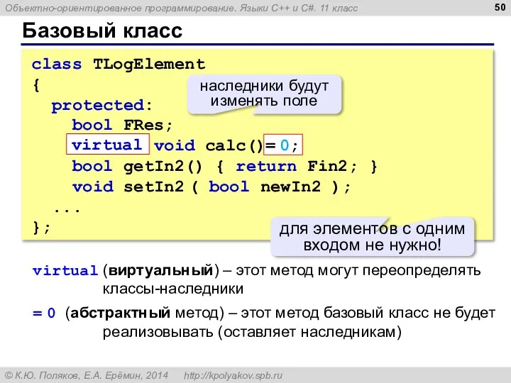 Базовый класс class TLogElement { protected: bool FRes; virtual void calc()=