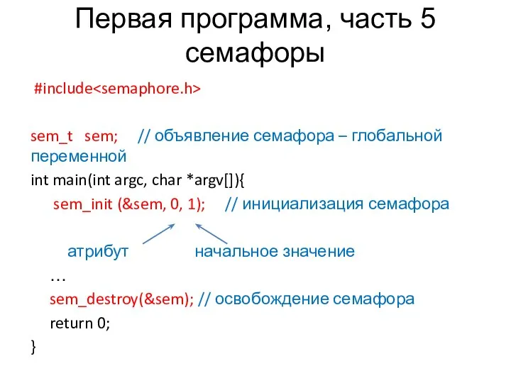 Первая программа, часть 5 семафоры #include sem_t sem; // объявление семафора