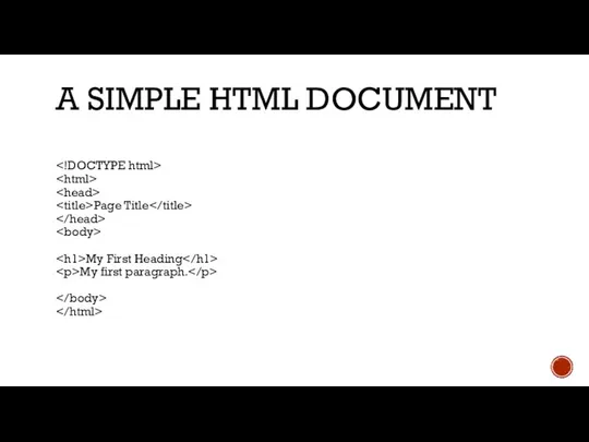 A SIMPLE HTML DOCUMENT Page Title My First Heading My first paragraph.