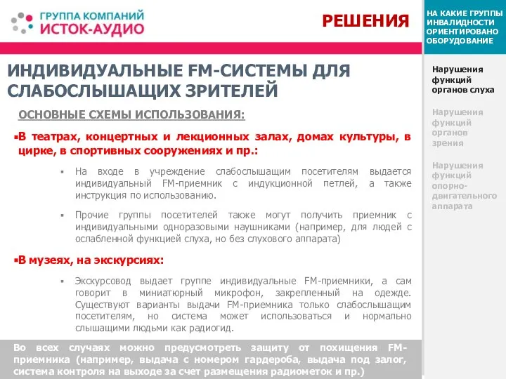 ИНДИВИДУАЛЬНЫЕ FM-СИСТЕМЫ ДЛЯ СЛАБОСЛЫШАЩИХ ЗРИТЕЛЕЙ Нарушения функций органов слуха Нарушения функций