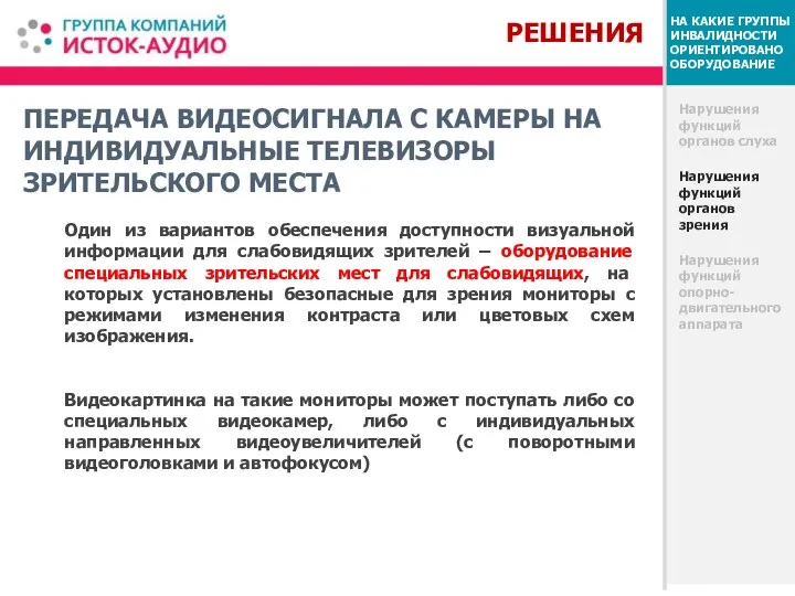 ПЕРЕДАЧА ВИДЕОСИГНАЛА С КАМЕРЫ НА ИНДИВИДУАЛЬНЫЕ ТЕЛЕВИЗОРЫ ЗРИТЕЛЬСКОГО МЕСТА Нарушения функций