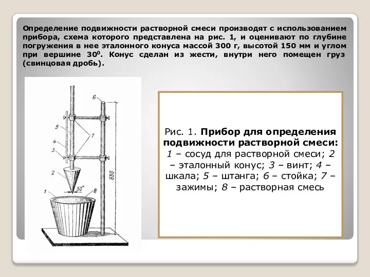 Определение подвижности растворной смеси производят с использованием прибора, схема которого представлена