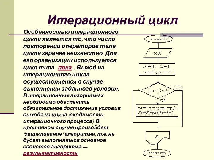 Итерационный цикл Особенностью итерационного цикла является то, что число повторений операторов