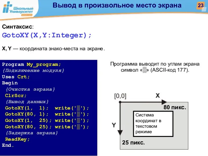 Синтаксис: GotoXY(X,Y:Integer); X, Y — координата знако-места на экране. Program My_program;