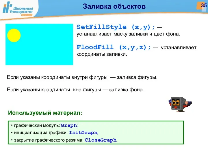 Заливка объектов SetFillStyle (x,y); — устанавливает маску заливки и цвет фона.