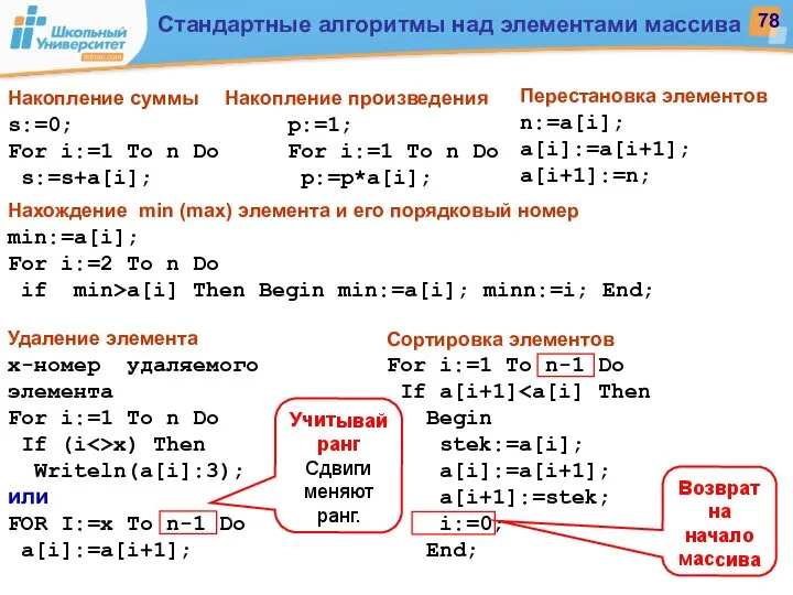 Накопление суммы s:=0; For i:=1 To n Do s:=s+a[i]; p:=1; For
