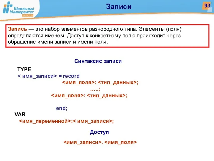 Запись — это набор элементов разнородного типа. Элементы (поля) определяются именем.