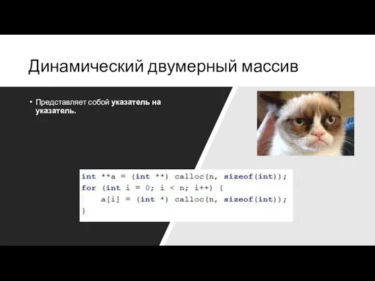 Динамический двумерный массив Представляет собой указатель на указатель.