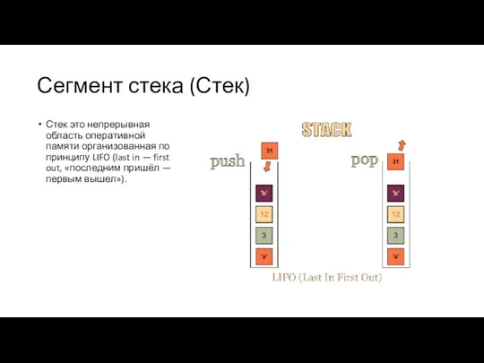 Сегмент стека (Стек) Стек это непрерывная область оперативной памяти организованная по