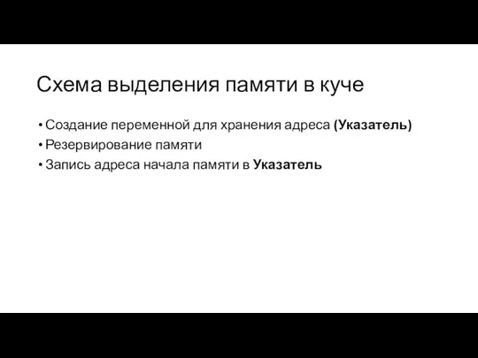 Схема выделения памяти в куче Создание переменной для хранения адреса (Указатель)