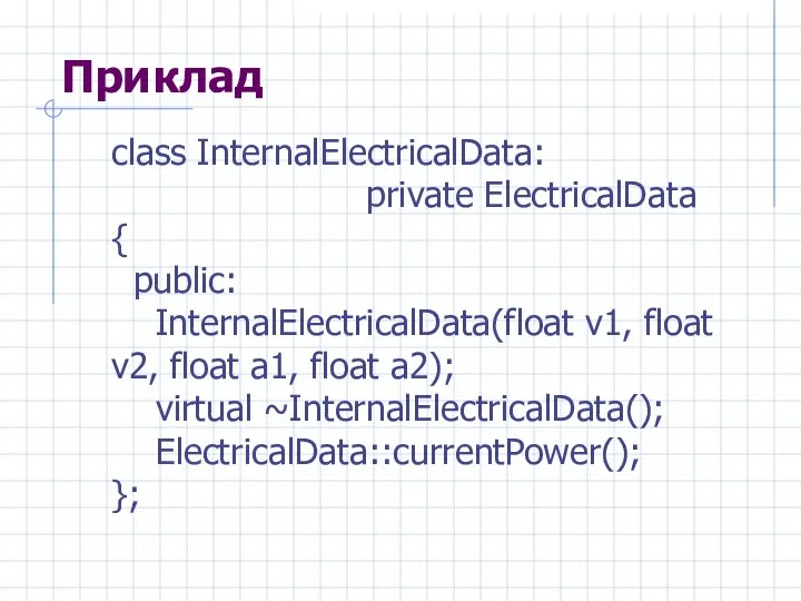 Приклад class InternalElectricalData: private ElectricalData { public: InternalElectricalData(float v1, float v2,