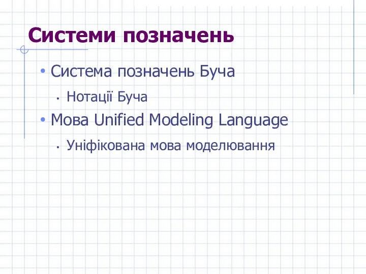 Системи позначень Система позначень Буча Нотації Буча Мова Unified Modeling Language Уніфікована мова моделювання