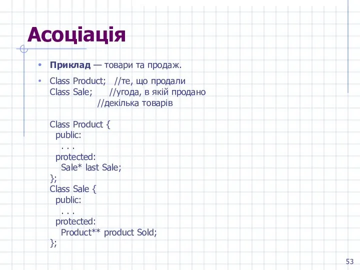 Асоціація Приклад — товари та продаж. Class Product; //те, що продали