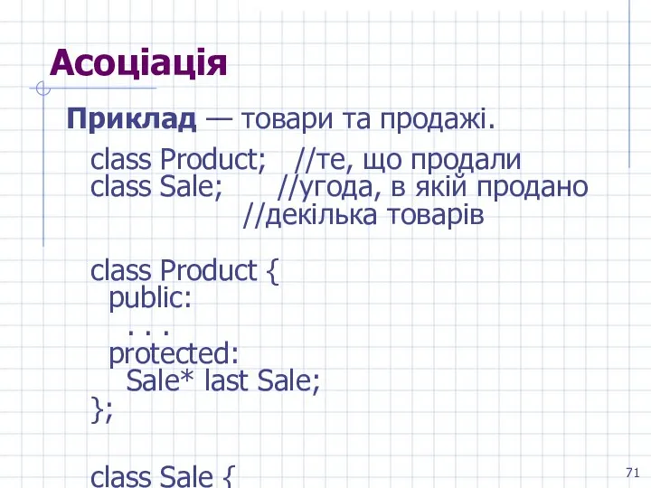 Асоціація Приклад — товари та продажі. class Product; //те, що продали