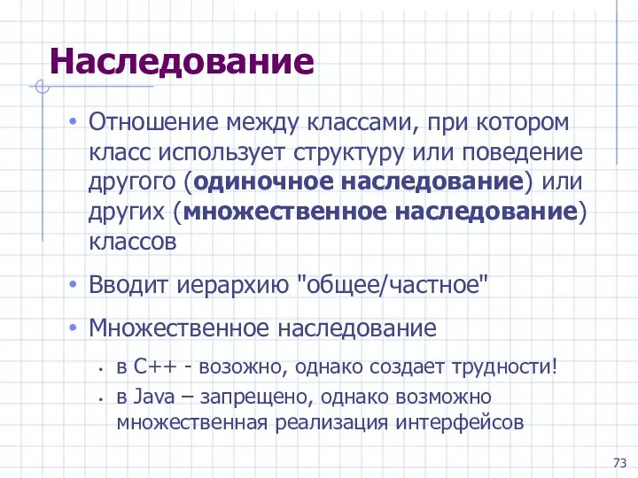 Наследование Отношение между классами, при котором класс использует структуру или поведение