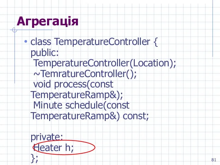 Агрегація class TemperatureController { public: TemperatureController(Location); ~TemratureController(); void process(const TemperatureRamp&); Minute