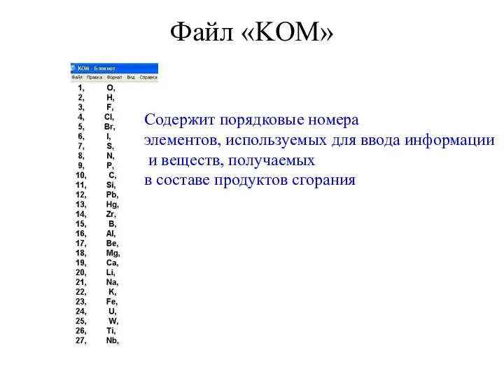 Файл «KOM» Содержит порядковые номера элементов, используемых для ввода информации и