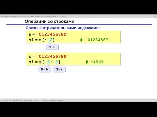 Операции со строками Срезы с отрицательными индексами: s = "0123456789" s1